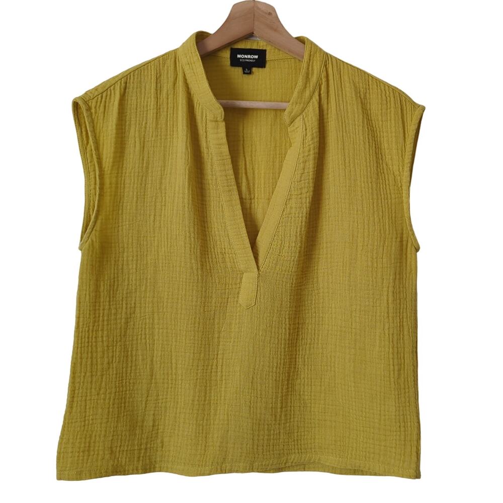 Monrow Sleeveless Blouse Womens Small Top Yellow Organic Cotton Textured Gauze